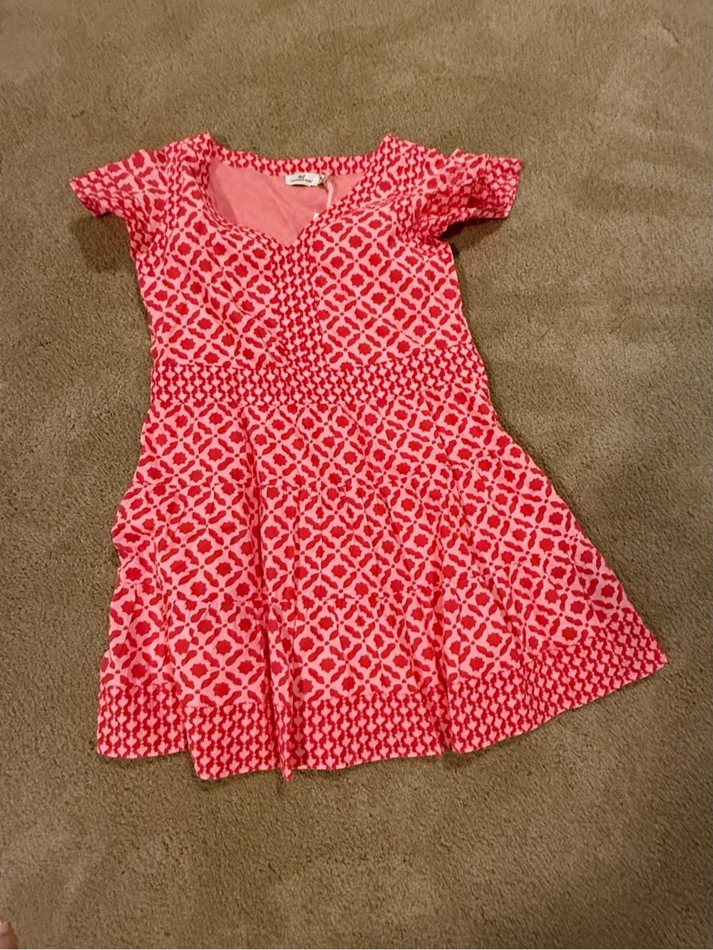 Vineyard Vines Coral Pink Geo-Print Short Sleeve Dress